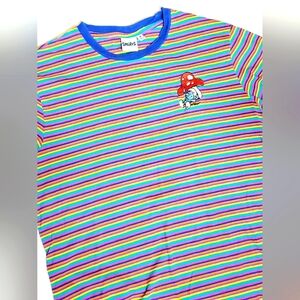 Smurfs Rainbow Striped Embroidered Mushroom Short Sleeve T-Shirt Size Medium